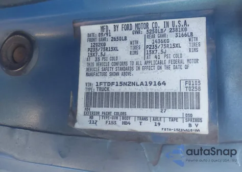 1992 Ford F150 z USA, uszkodzony, nr VIN 1FTDF15N2NLA19164